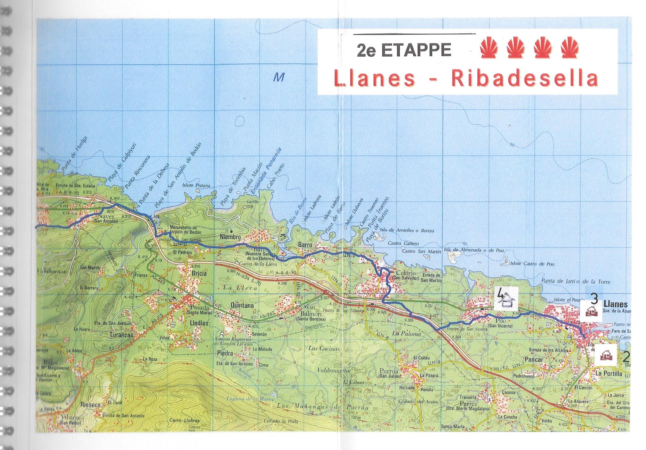 Camino Primitivo - Topografische kaarten met ingetekende routes en alle overnachtingsmogelijkheden - binnenbladzijden