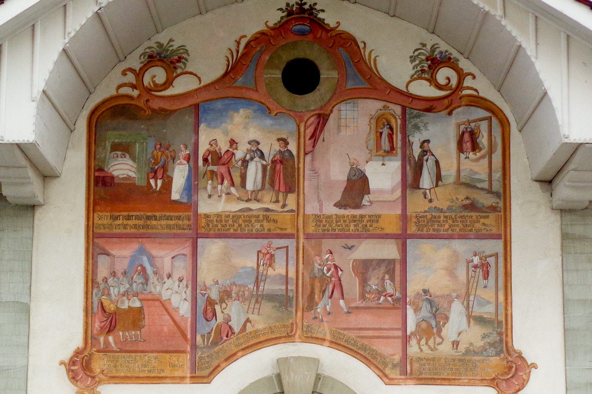 Fresco met het mirakel van de haan en de kip op de Sint-Jakobskapel van Tafers (Zwitserland)